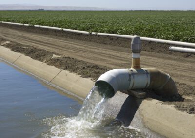 Farm irrigation water pump, pumping water into adjacent water canal, with field of cotton plants.